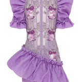 Lilac Ruffled Mini Dress with Embroidery
