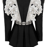 Black V-neck Jacket with White Laced Strass Embellished Embroidery