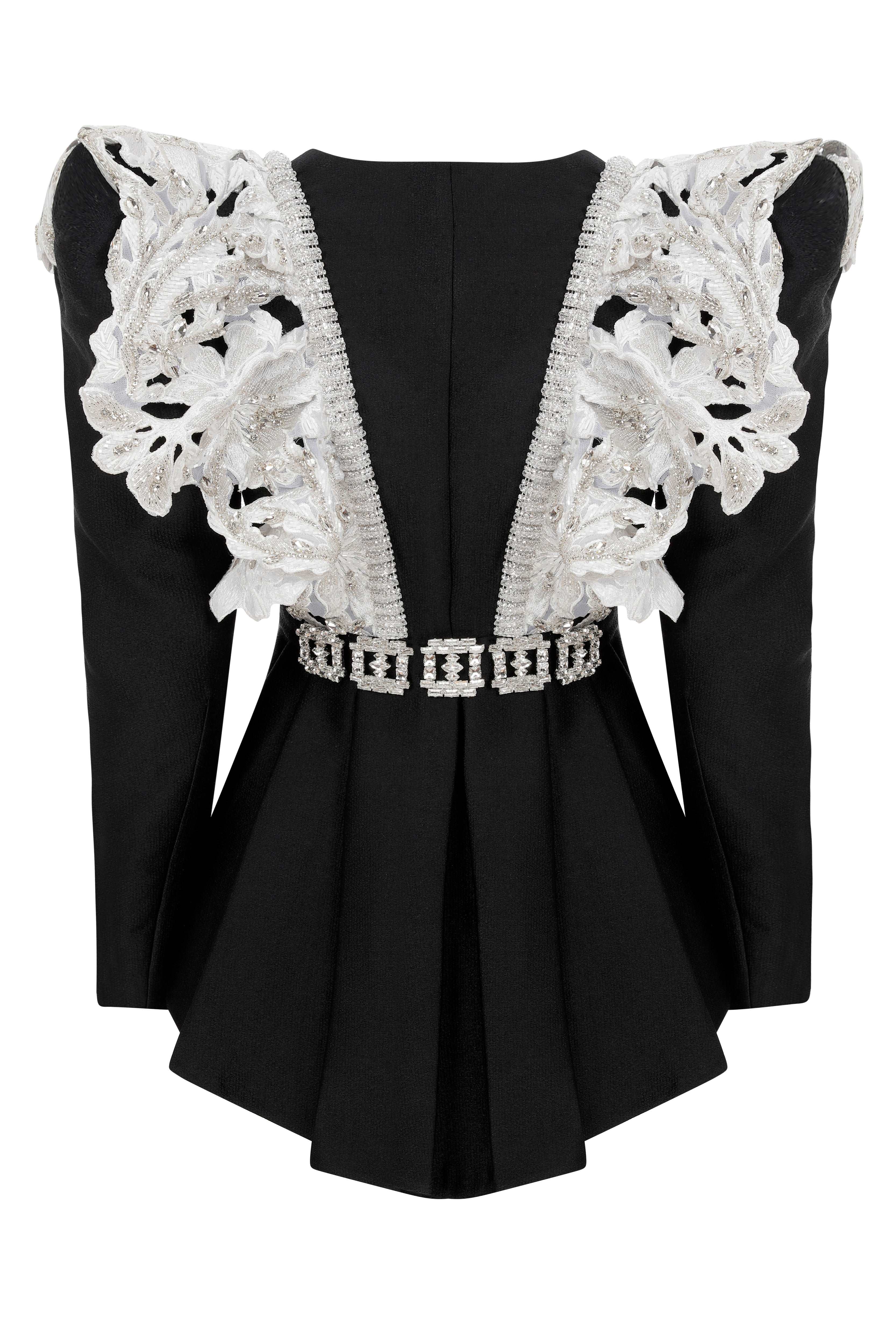 Black V-neck Jacket with White Laced Strass Embellished Embroidery