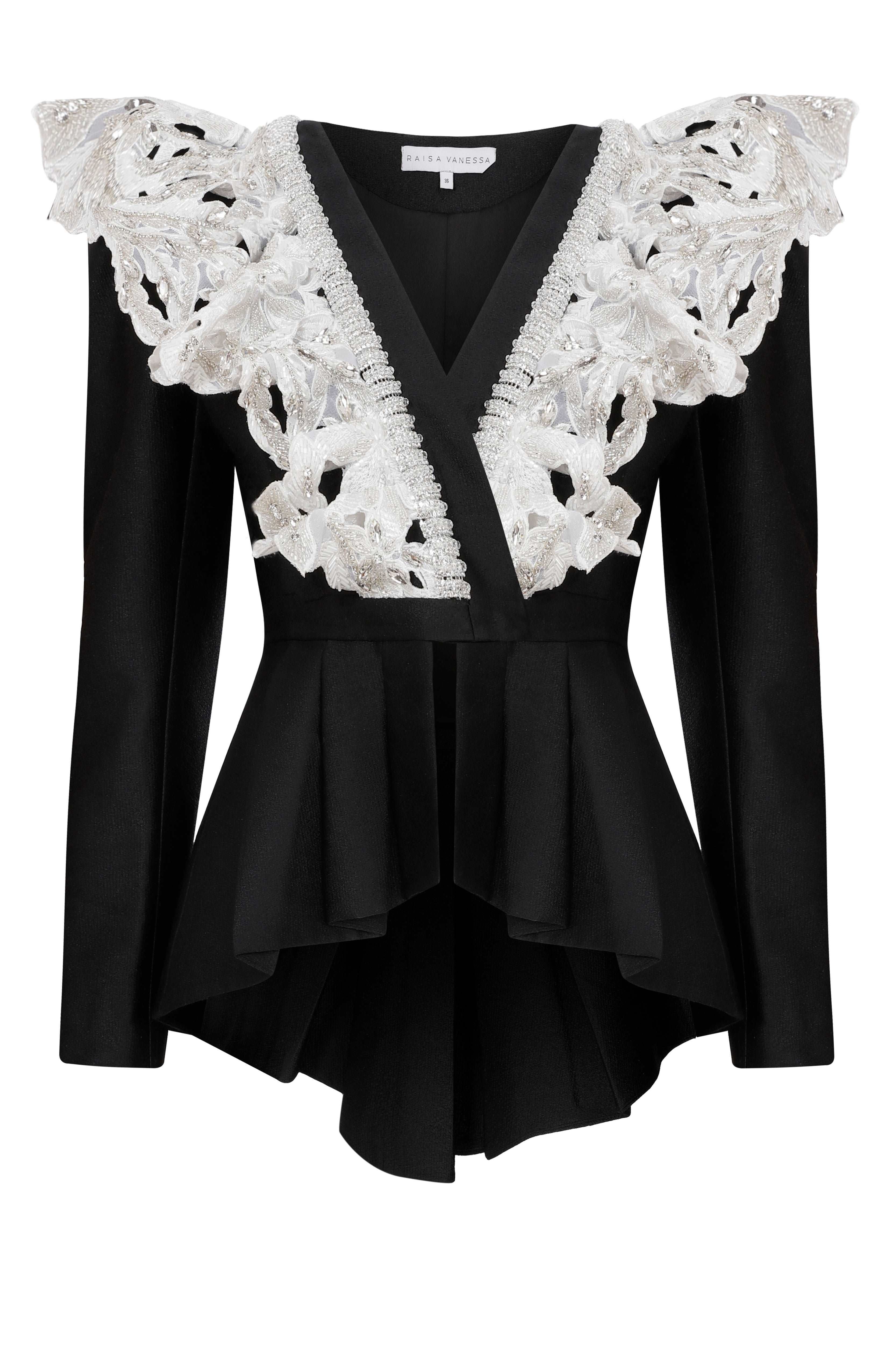 Black V-neck Jacket with White Laced Strass Embellished Embroidery