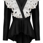 Black V-neck Jacket with White Laced Strass Embellished Embroidery