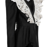 Black V-neck Jacket with White Laced Strass Embellished Embroidery