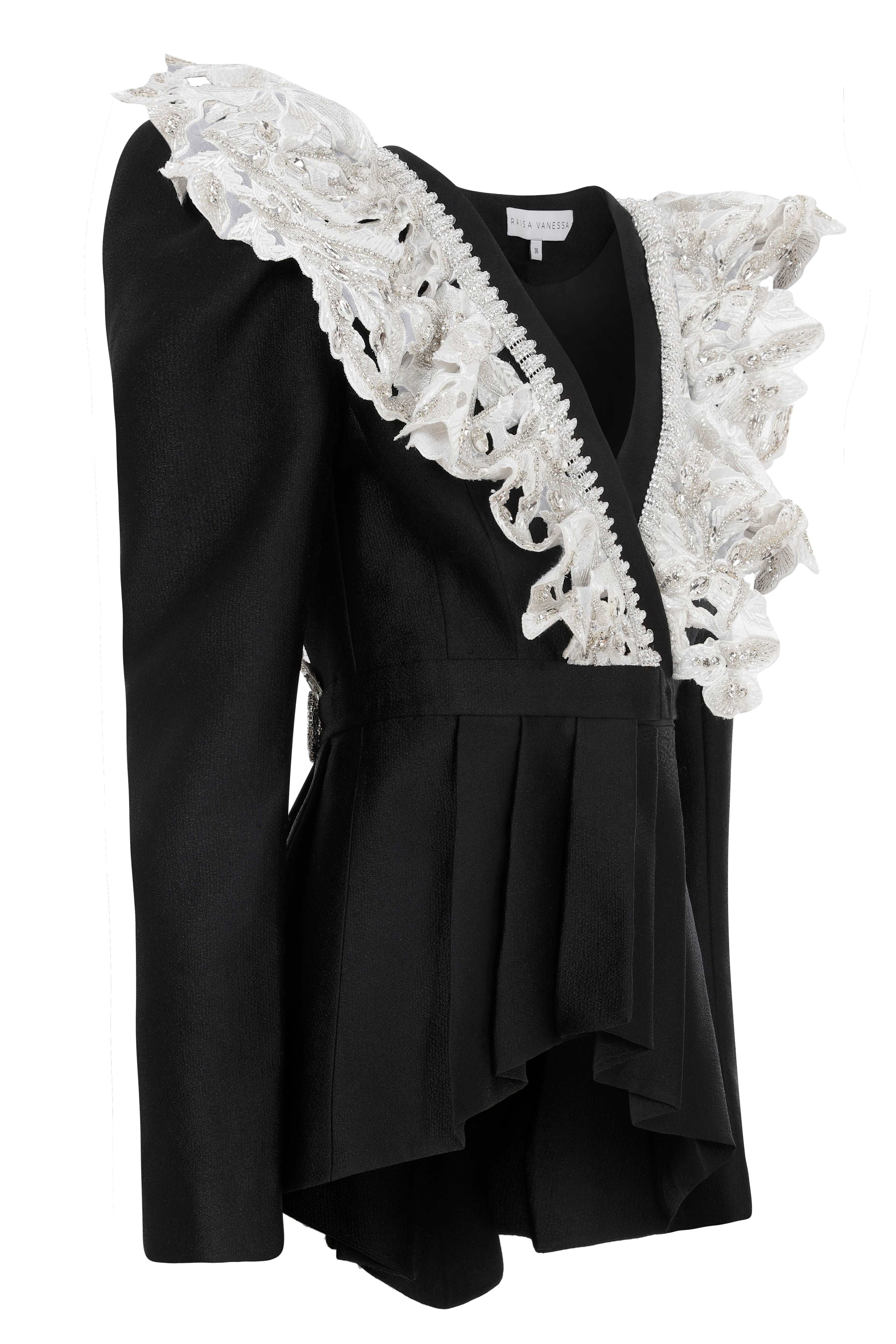 Black V-neck Jacket with White Laced Strass Embellished Embroidery