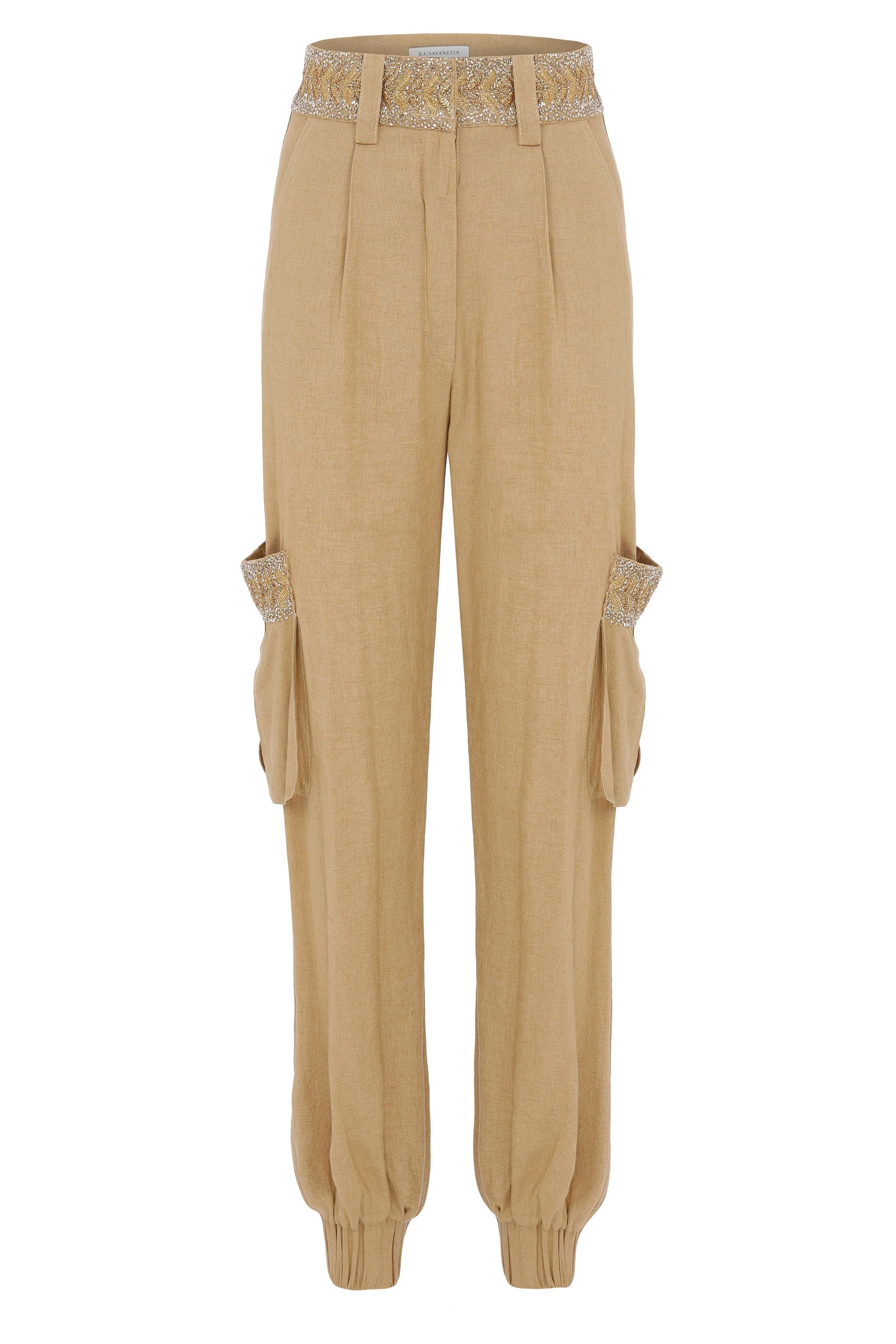 Camel Cargo Pant with Embellished Pockets