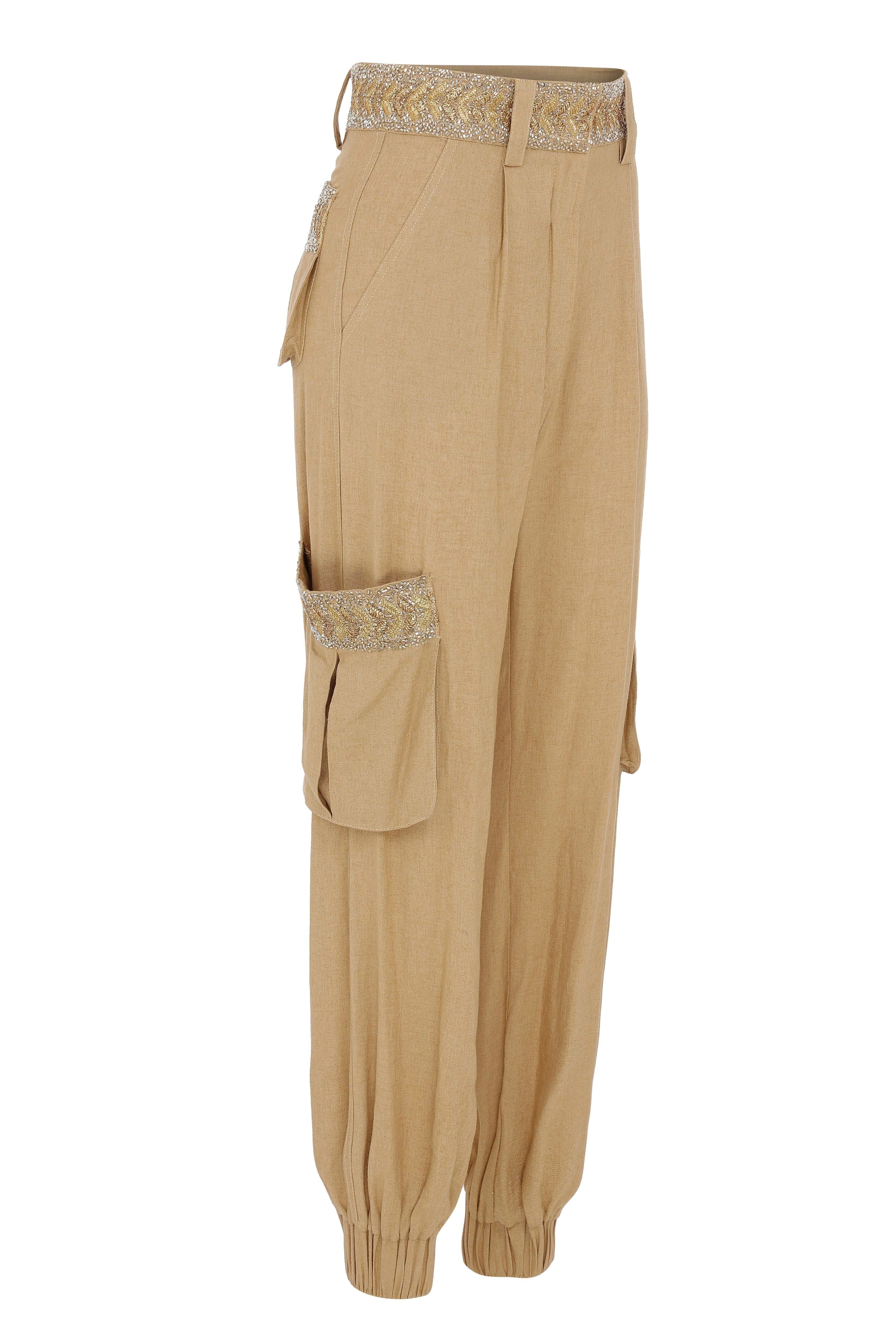 Camel Cargo Pant with Embellished Pockets