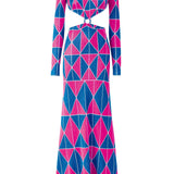 Long Sleeve Geometrical Print Cutout Maxi Dress