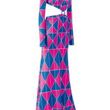 Long Sleeve Geometrical Print Cutout Maxi Dress