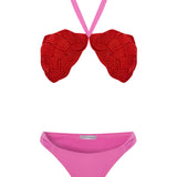 Red & Pink Bikini Set With Handmade Rope Detailed Bra