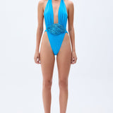 High Waisted Blue Swimsuit With Handmade Belt Detail