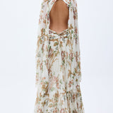 Pleated Chiffon Flower Printed Maxi Dress With Rock Shaped Swarovski Stoned Accessory Detail