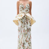 Strapless Flower Printed Corseted Maxi Dress With Sculptural Waist Detail