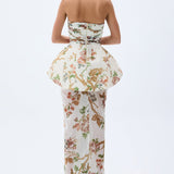 Strapless Flower Printed Corseted Maxi Dress With Sculptural Waist Detail