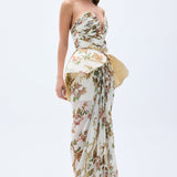 Strapless Flower Printed Corseted Maxi Dress With Sculptural Waist Detail