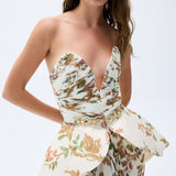 Strapless Flower Printed Corseted Maxi Dress With Sculptural Waist Detail