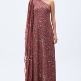 Pale Brick Sequined Chiffon One Shouldered Maxi Dress With Stone Embellishments