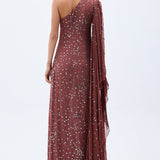 Pale Brick Sequined Chiffon One Shouldered Maxi Dress With Stone Embellishments