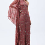 Pale Brick Sequined Chiffon One Shouldered Maxi Dress With Stone Embellishments