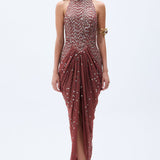 Pale Brick Sequined Chiffon Vase Gown With Slit & Stone Embellishments