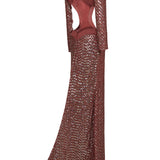 Pale Brick Sequined Chiffon Backless Maxi Dress With Stone Embellishments & Cutout Details