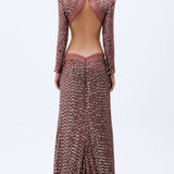 Pale Brick Sequined Chiffon Backless Maxi Dress With Stone Embellishments & Cutout Details