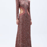 Pale Brick Sequined Chiffon Backless Maxi Dress With Stone Embellishments & Cutout Details