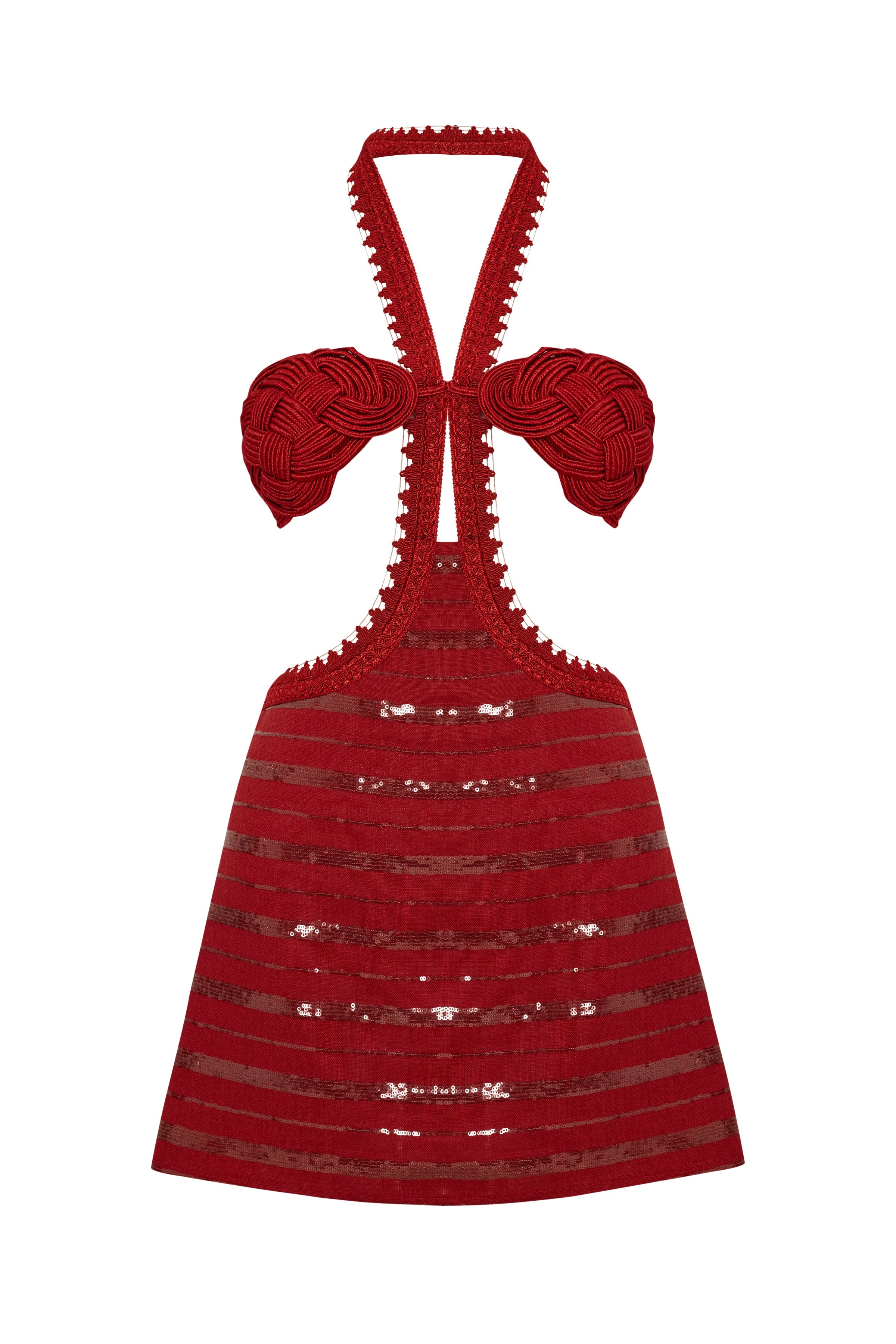 Vanessa Ropes Brick Linen Mini Dress With Sequined Stripes & Handmade Rope Detailed ...