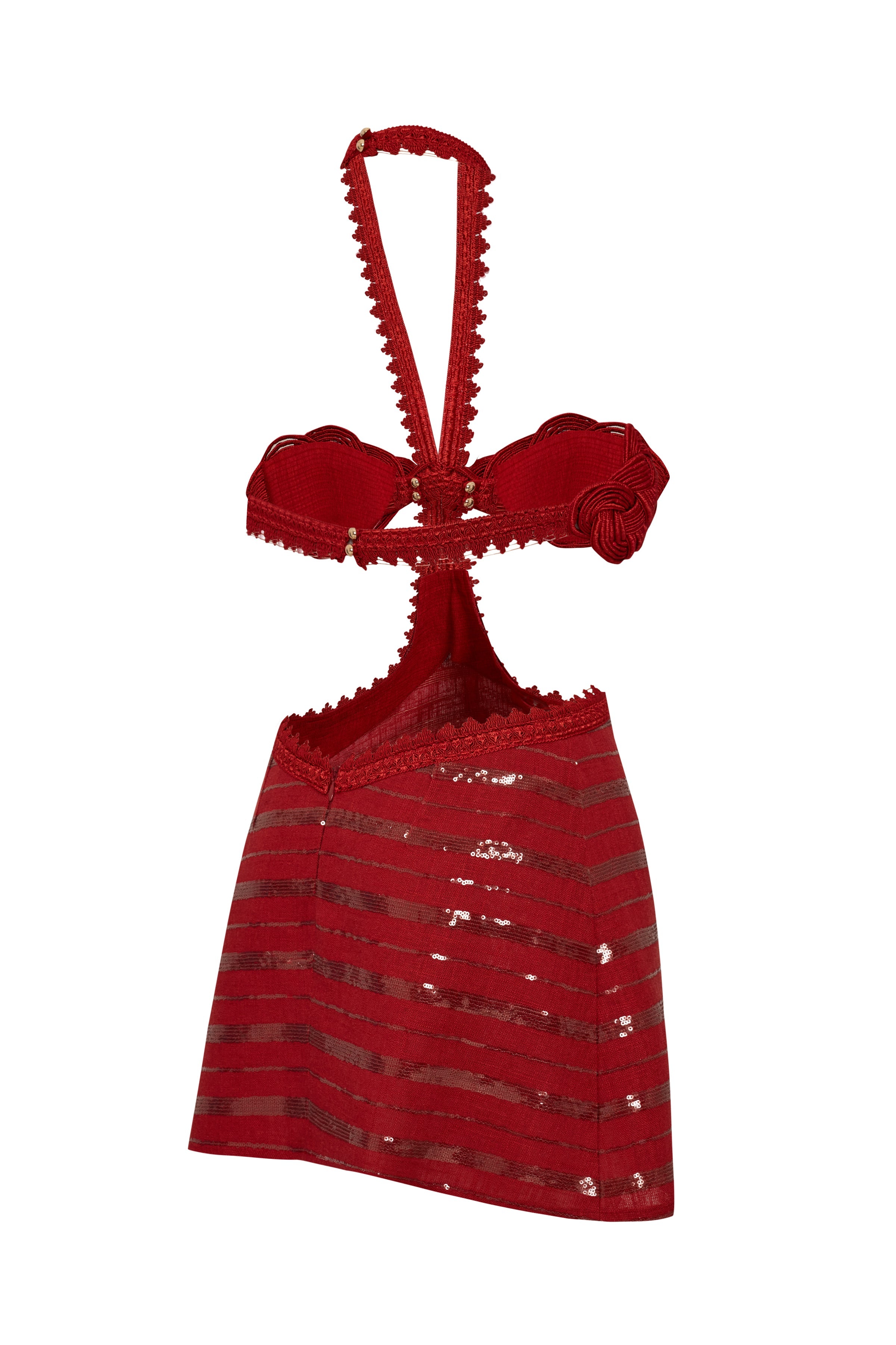 Vanessa Ropes Brick Linen Mini Dress With Sequined Stripes & Handmade Rope Detailed ...