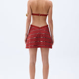 Brick Linen Mini Dress With Sequined Stripes & Handmade Rope Detailed Bra