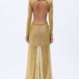 Glittered Gold Knit Gown With Handmade Belt Detail