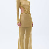 Glittered Gold Knit Gown With Handmade Belt Detail