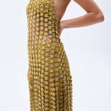 Gold Flower Embroidered Crystal Detailed Fringed Gown