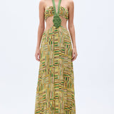 Gold Beaded Printed Chiffon Dress With Handmade Belt & Cut Out Detail