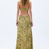 Gold Beaded Printed Chiffon Dress With Handmade Belt & Cut Out Detail