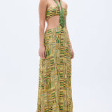 Gold Beaded Printed Chiffon Dress With Handmade Belt & Cut Out Detail