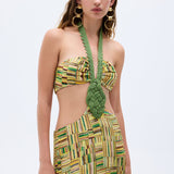 Gold Beaded Printed Chiffon Dress With Handmade Belt & Cut Out Detail