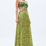 Gold Sequined Pistachio Green Chiffon Maxi Dress With Handmade Rope Detailed Bra Style