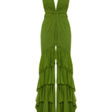 Pistachio Green Chiffon Laser Cut Frilled Gown With Slit In The Front