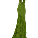 Pistachio Green Chiffon Laser Cut Frilled Gown With Slit In The Front