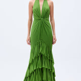 Pistachio Green Chiffon Laser Cut Frilled Gown With Slit In The Front