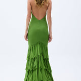 Pistachio Green Chiffon Laser Cut Frilled Gown With Slit In The Front