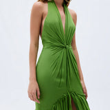 Pistachio Green Chiffon Laser Cut Frilled Gown With Slit In The Front