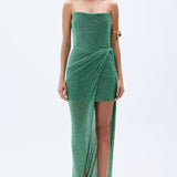 Green Sequined Net Corseted Gown With Slit