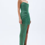 Green Sequined Net Corseted Gown With Slit