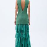 Green Sequined Net Gown With Stone Embellished Laser Cut Fringes