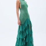 Green Sequined Net Gown With Stone Embellished Laser Cut Fringes