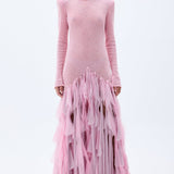 Pink Sequined Net Gown With Stone Embellished Laser Cut Fringes