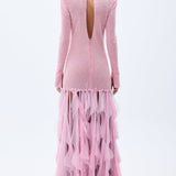 Pink Sequined Net Gown With Stone Embellished Laser Cut Fringes