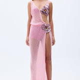 Pink Sequined Net Gown With Flower Embroidery And Slit Detail