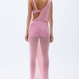 Pink Sequined Net Gown With Flower Embroidery And Slit Detail