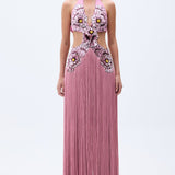 Flower Embdoridery Detailed Maxi Gown With Silk Fringes